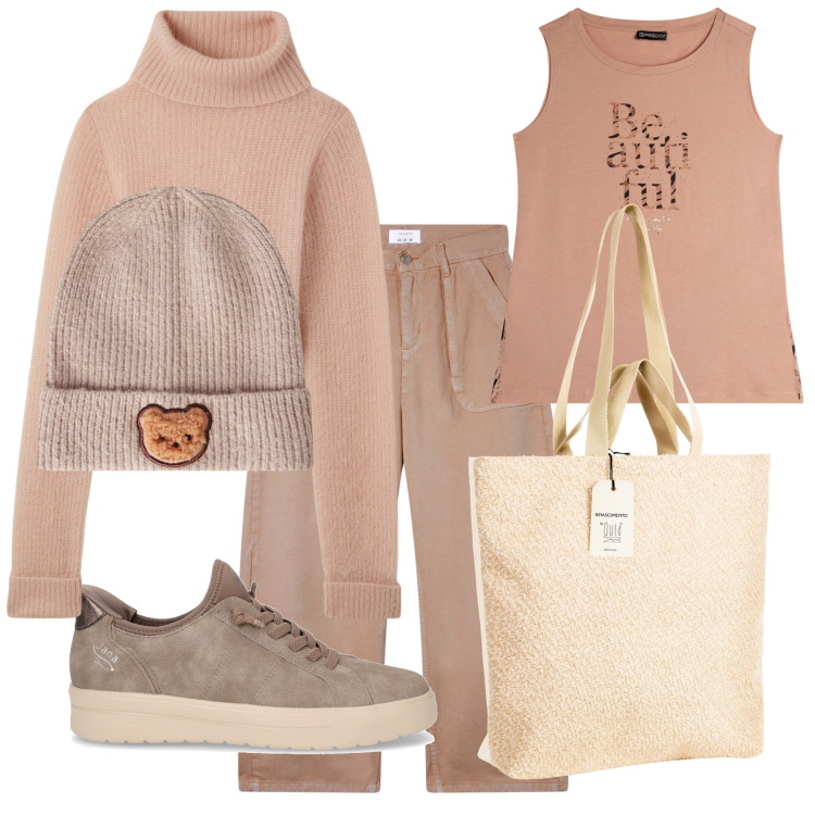 Outfit donna - Total look #2265377. Stile Sporty chic per Tutti i giorni. Abbinamento con maglieria, pantaloni, berretti, borse tote, canottiere, sneakers.