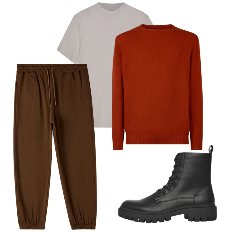 Outfit uomo - Tonalità calde. Stile Casual per Tutti i giorni. Abbinamento con anfibi, pantaloni, maglieria, t-shirt.