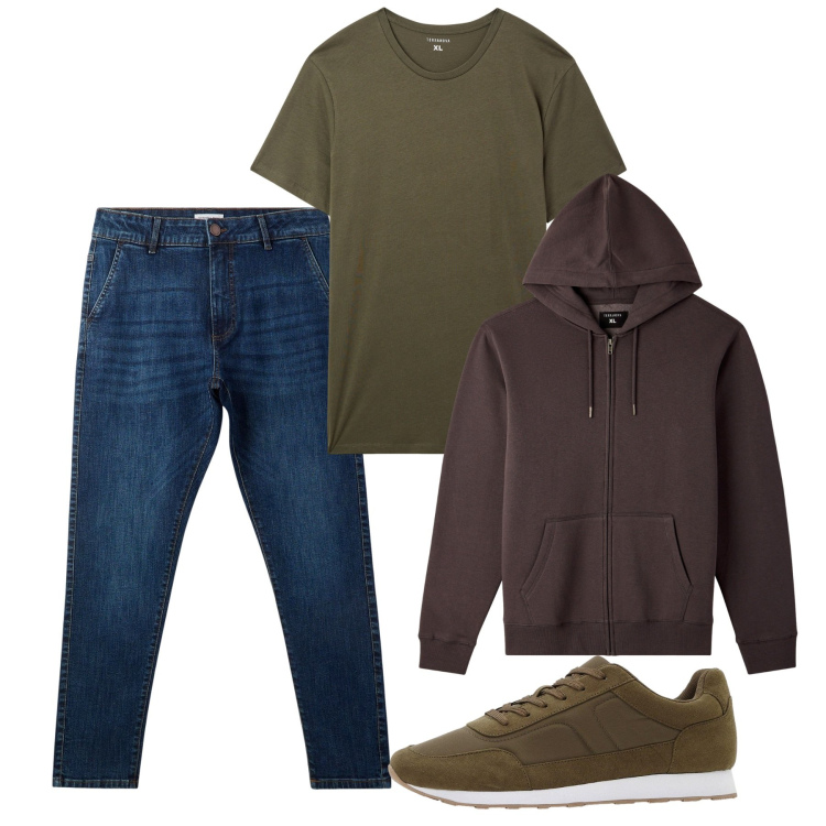 Outfit uomo - Autunno. Stile Casual per Tutti i giorni. Abbinamento con sneakers, t-shirt, felpe con cappuccio, jeans skinny.