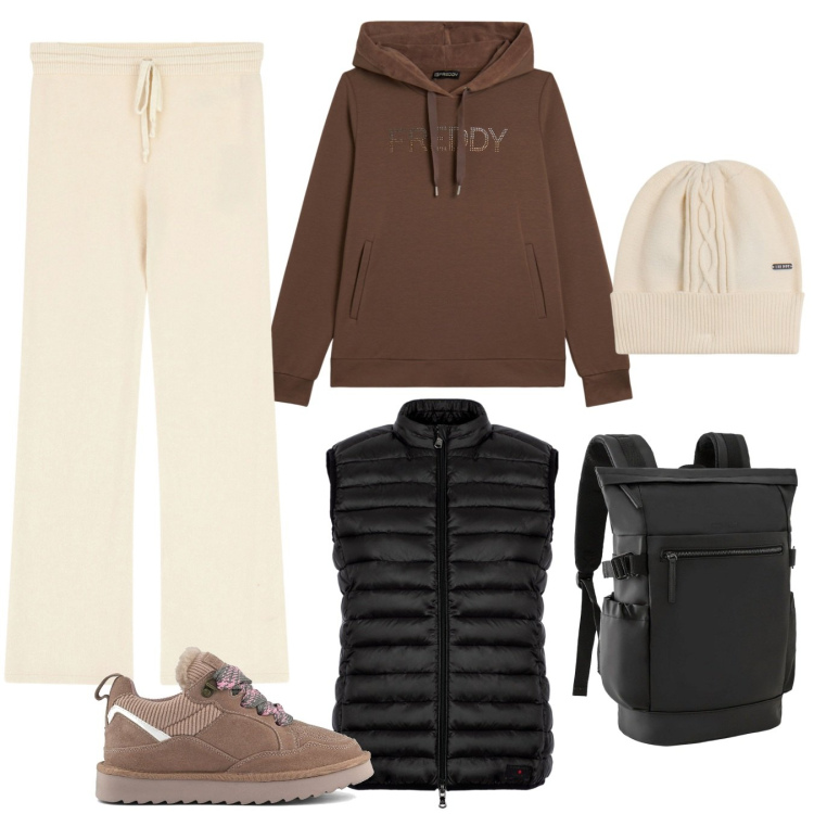 Outfit donna - Nel bosco. Stile Casual per Tutti i giorni. Abbinamento con zaini, piumini, pantaloni a palazzo, berretti, felpe sportive, sneakers alte.