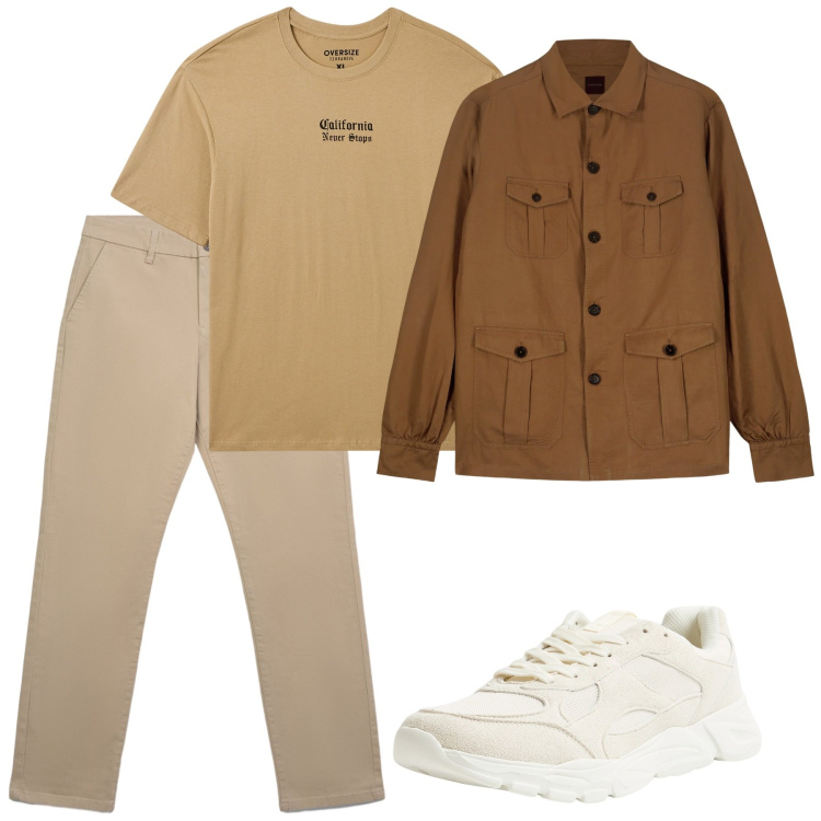 Outfit uomo - Autunno. Stile Casual per Tutti i giorni. Abbinamento con sneakers, t-shirt, pantaloni chino, cappotti.