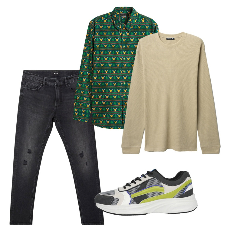 Outfit uomo - Ottobre. Stile Casual per Tutti i giorni. Abbinamento con camicie, jeans strappati, maglieria, sneakers.