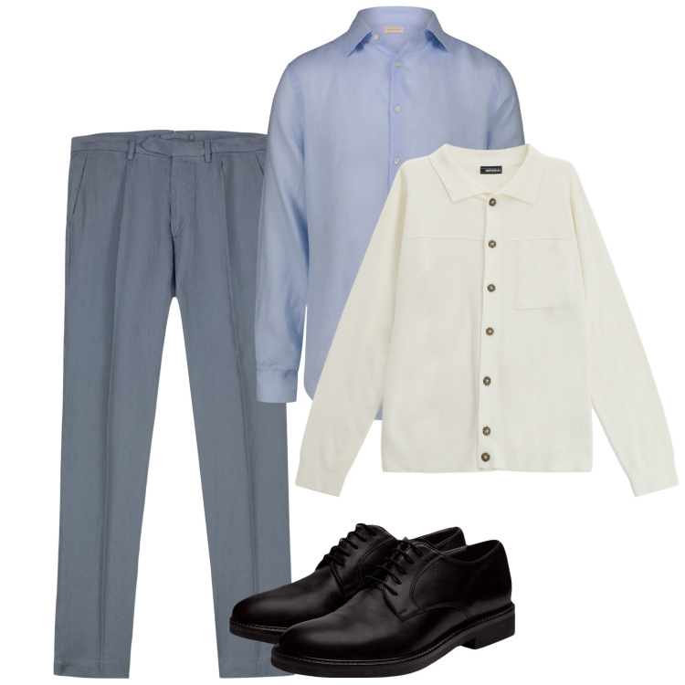 Outfit uomo - Un sabato tra amici. Stile Casual per Tutti i giorni. Abbinamento con cardigans, scarpe stringate, camicie, pantaloni.