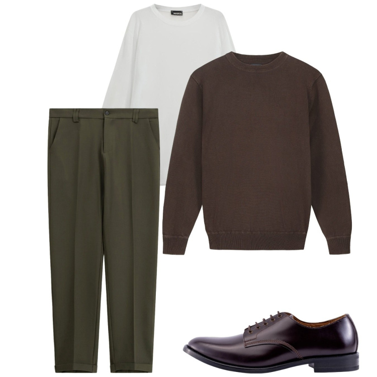 Outfit uomo - Minimal. Stile Casual per Tutti i giorni. Abbinamento con pantaloni chino, maglieria, scarpe stringate, maglieria.