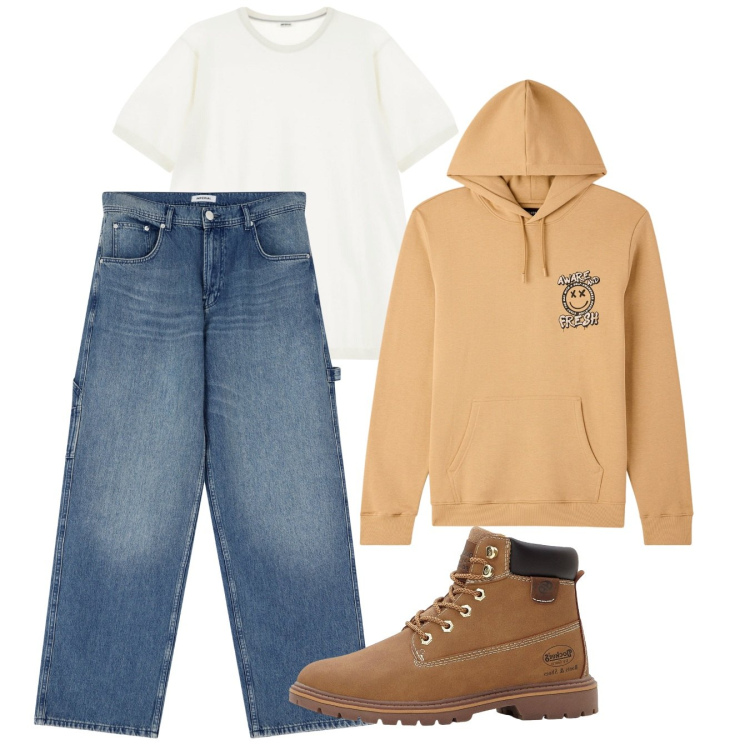 Outfit uomo - Casual pomeriggio. Stile Casual per Tutti i giorni. Abbinamento con stivali e stivaletti, felpe con cappuccio, t-shirt, jeans.
