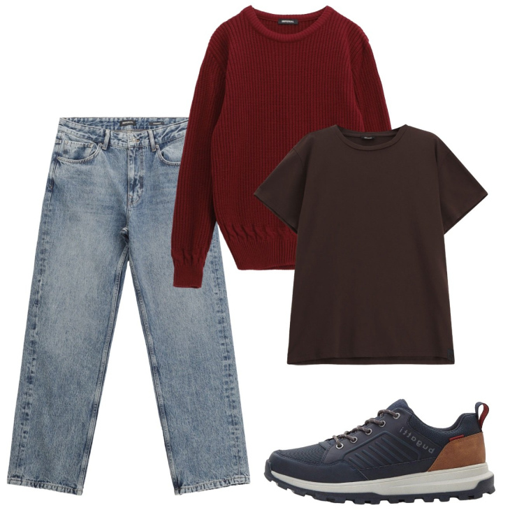 Outfit uomo - Ottobre. Stile Casual per Tutti i giorni. Abbinamento con sneakers, maglieria, jeans dritti, t-shirt.
