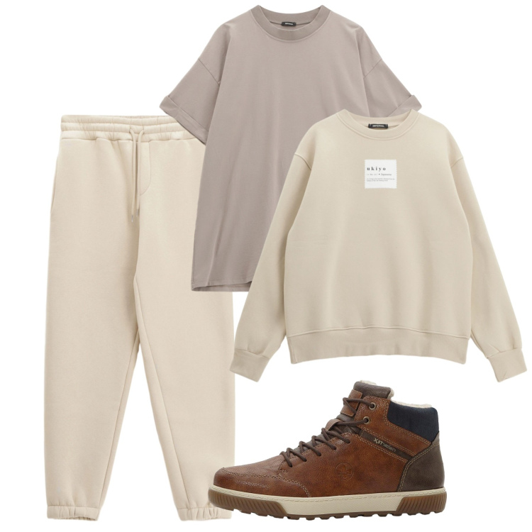 Outfit uomo - Avorio. Stile Casual per Tutti i giorni. Abbinamento con sneakers alte, pantaloni, felpe, t-shirt.