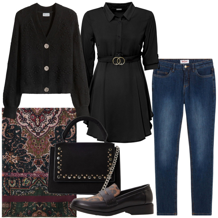 Outfit donna - Total look #2265395. Stile Casual per Ufficio. Abbinamento con camicie, mocassini, jeans skinny, cardigans, borse a tracolla, foulard.