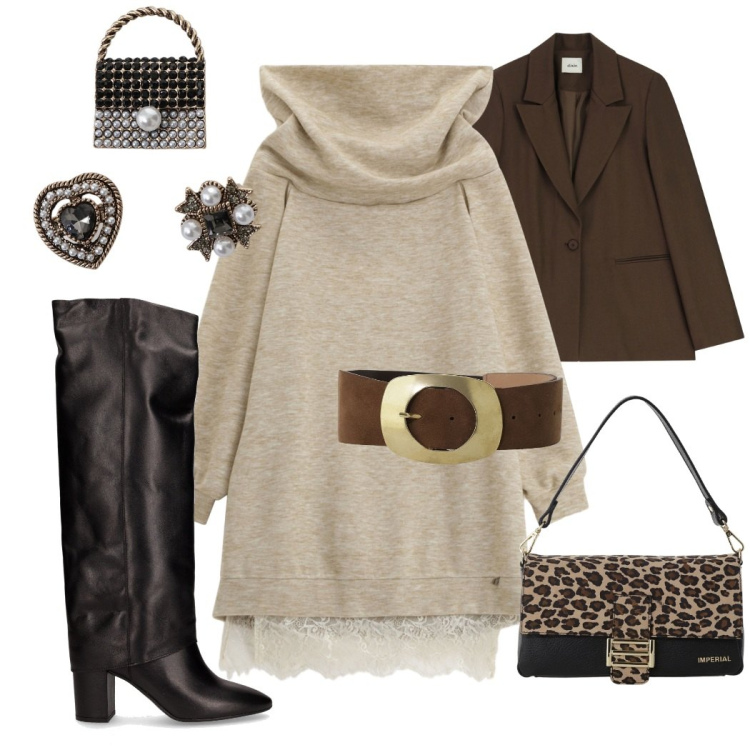 Outfit donna - Abito con pizzo e scollo asimmetrico. Stile Chic per Serata fuori. Abbinamento con blazer, vestiti asimmetrici, cinture, borse a spalla, accessori per capelli, stivali.