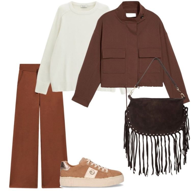 Outfit donna - Passeggiata. Stile Casual per Tutti i giorni. Abbinamento con blazer, pullovers, borse a tracolla, pantaloni, sneakers.