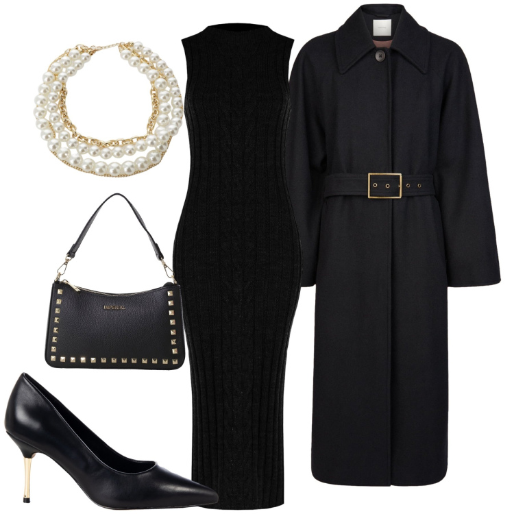 Outfit donna - Dolcezza raffinata. Stile Glamour per Serata fuori. Abbinamento con décolleté, vestiti midi/longuette, pochette, collane, cappotti.