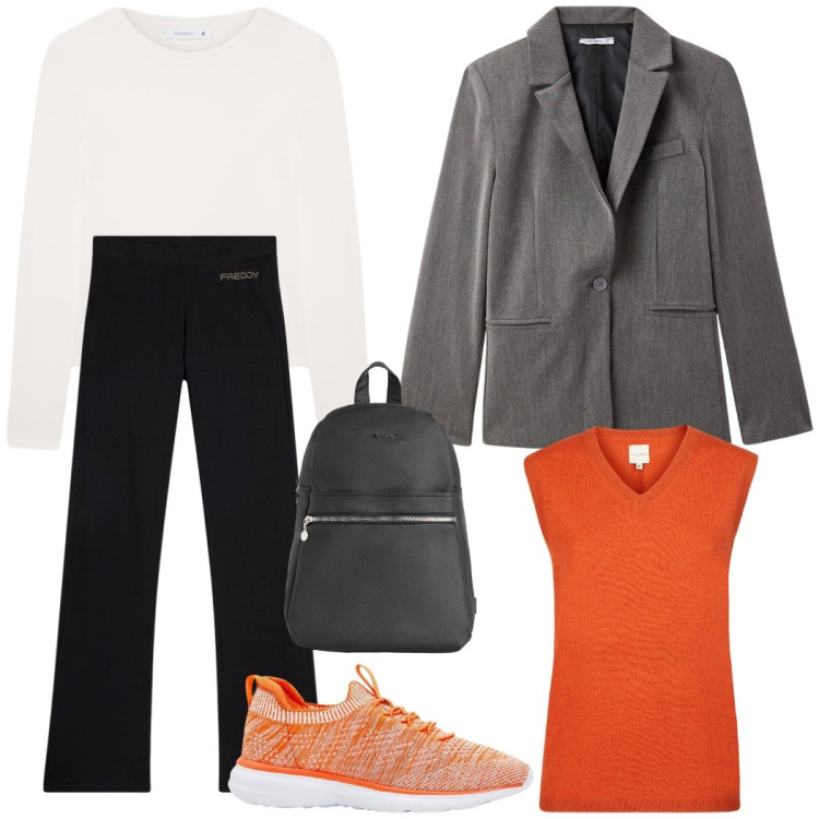 Outfit donna - Un tocco di arancio in città. Stile Urban per Scuola/Università. Abbinamento con sneakers, blazer, t-shirt, pantaloni, zaini, maglieria.
