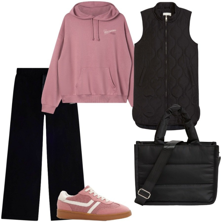 Outfit donna - Easy. Stile Casual per Tutti i giorni. Abbinamento con sneakers, piumini, felpe con cappuccio, shopping bag, pantaloni.
