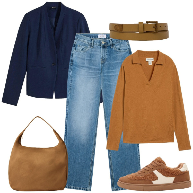 Outfit donna - Lavoro. Stile Basic per Ufficio. Abbinamento con blazer, polo, sneakers, borse a mano, jeans dritti, cinture.