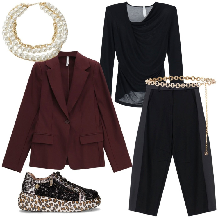 Outfit donna - A cena da amici. Stile Chic per Serata fuori. Abbinamento con collane, cinture, bluse, pantaloni, blazer, sneakers.
