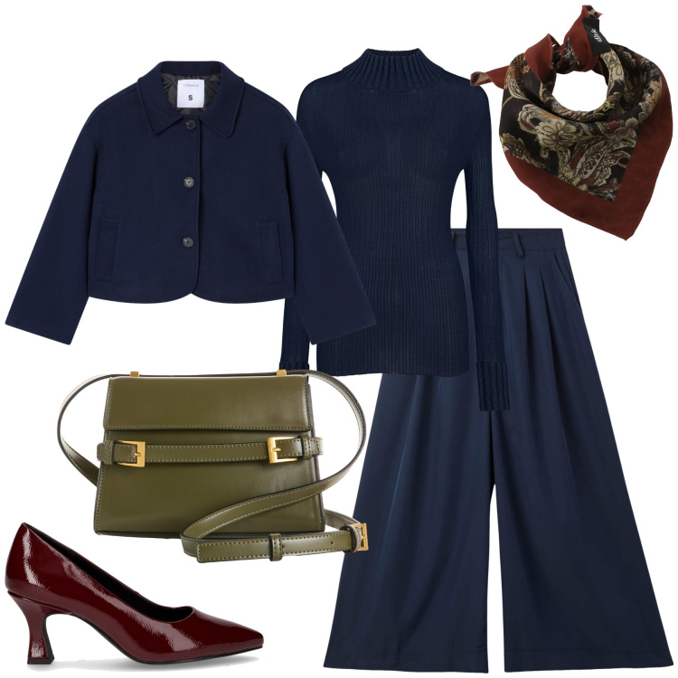 Outfit donna - Osare con i colori in ufficio. Stile Casual chic per Ufficio. Abbinamento con borse a tracolla, pantaloni, blazer, foulard, décolleté, maglieria.