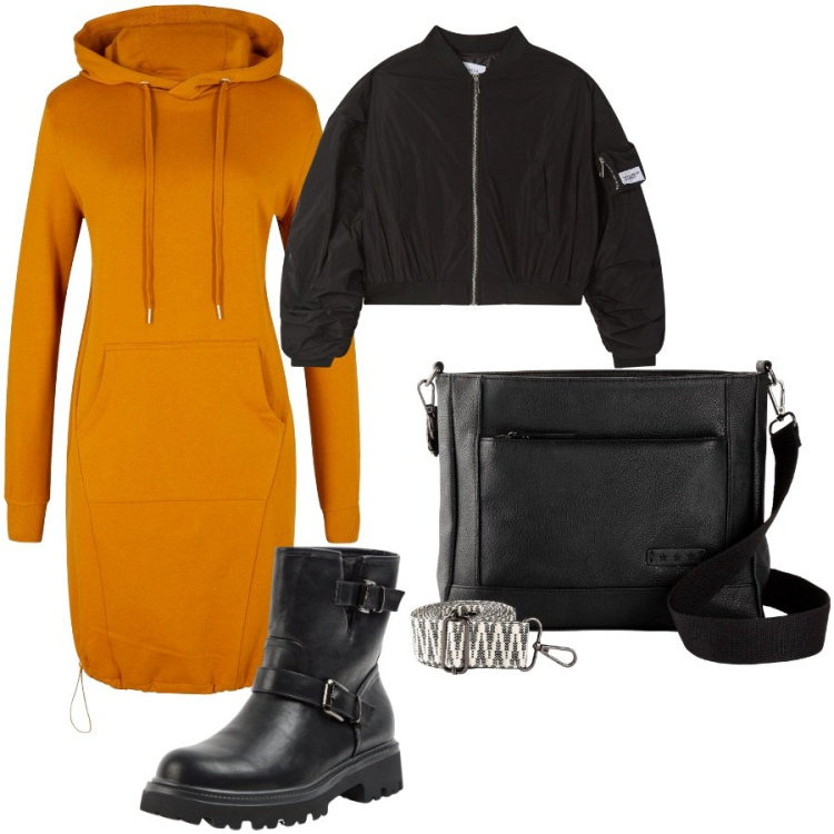 Outfit donna - Commissioni. Stile Casual per Tutti i giorni. Abbinamento con borse a tracolla, vestiti, stivaletti, bomber.