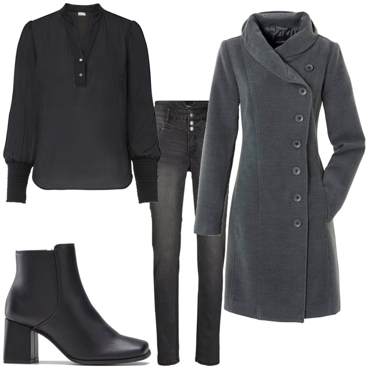 Outfit femme - Minimaliste gris noir. Style Basique pour Tous les jours. Assortir avec manteaux, bottines, chemisiers, jean slim.