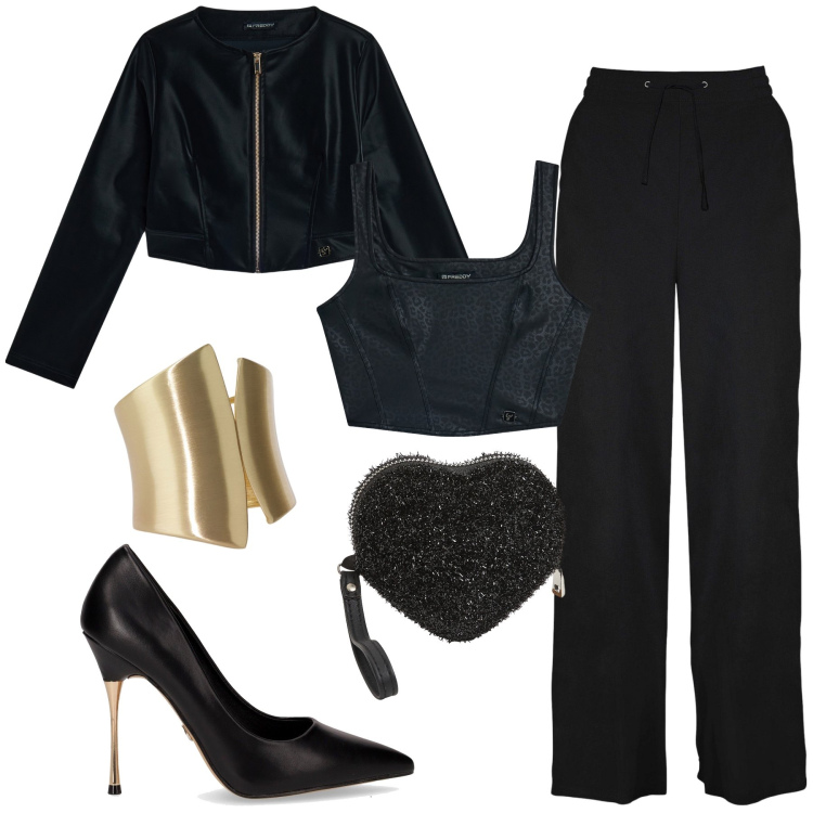 Outfit donna - Sensuali in pantaloni. Stile Glamour per Serata fuori. Abbinamento con pantaloni a palazzo, portafogli, anelli, blazer, top, décolleté.