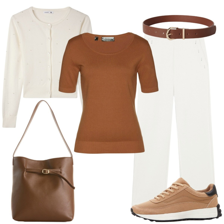 Outfit donna - Domenica mattina. Stile Casual chic per Tutti i giorni. Abbinamento con maglieria, sneakers, borse a mano, cinture, cardigans, pantaloni.