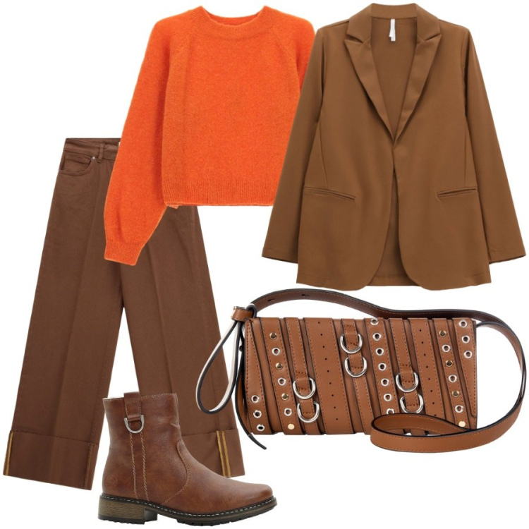 Outfit donna - At work. Stile Casual chic per Ufficio. Abbinamento con stivaletti, pantaloni a palazzo, borse a spalla, blazer, maglieria.