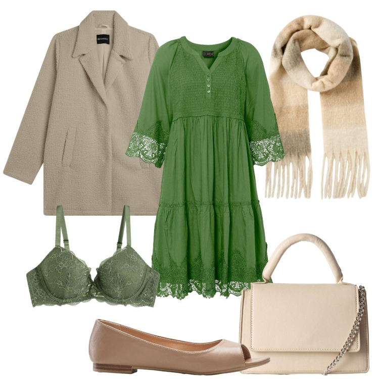 Outfit donna - Verde speranza. Stile Basic per Tutti i giorni. Abbinamento con vestiti chemisier, reggiseni, ballerine, borse a tracolla, sciarpe, cappotti.