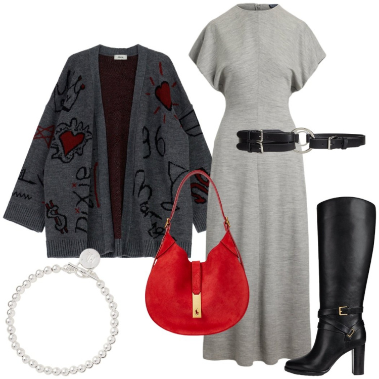 Outfit donna - A cena con amici. Stile Chic per Serata fuori. Abbinamento con cardigans, cinture, braccialetti, borse a spalla, stivali, vestiti.