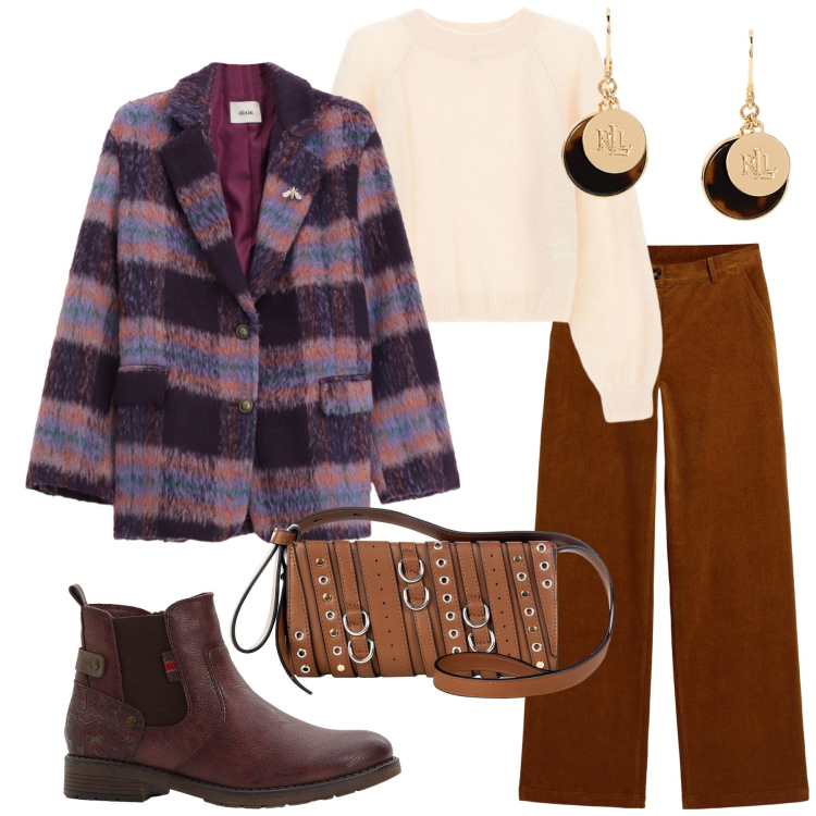 Outfit donna - La giacca in lana. Stile Urban per Tutti i giorni. Abbinamento con pantaloni, stivaletti chelsea, borse a spalla, maglieria, blazer, orecchini.