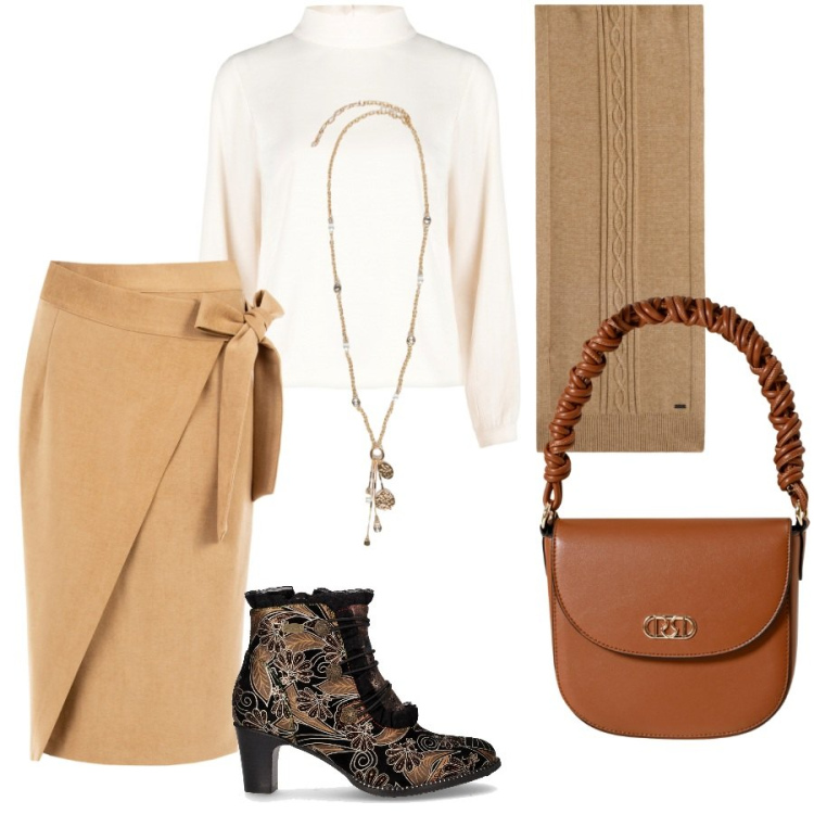 Outfit donna - Total look #2265417. Stile Chic per Serata fuori. Abbinamento con gonne longuette, borse a mano, bluse, sciarpe, stivaletti, ciondoli.