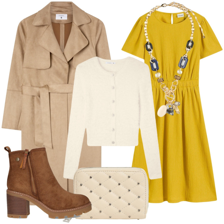 Outfit donna - Look dinamico. Stile Casual per Ufficio. Abbinamento con vestiti, cardigans, trench, portafogli, collane, stivaletti.