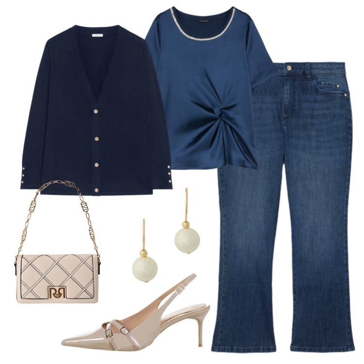 Outfit donna - Serata tra amiche!. Stile Casual chic per Serata fuori. Abbinamento con borse a tracolla, décolleté, orecchini, cardigans, jeans dritti, bluse.