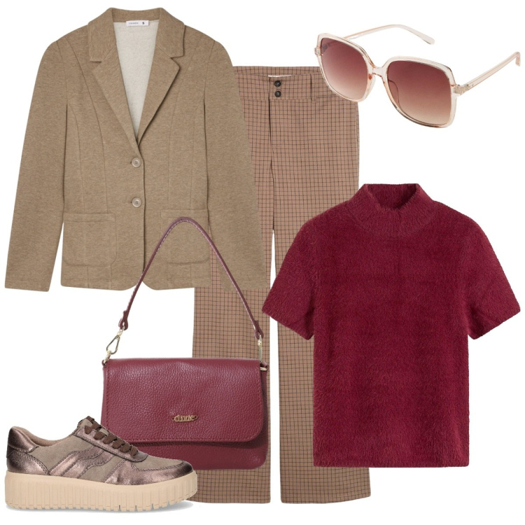 Outfit donna - Giornate lavorative. Stile Basic per Ufficio. Abbinamento con maglieria, occhiali da sole, pantaloni, blazer, borse a tracolla, sneakers.