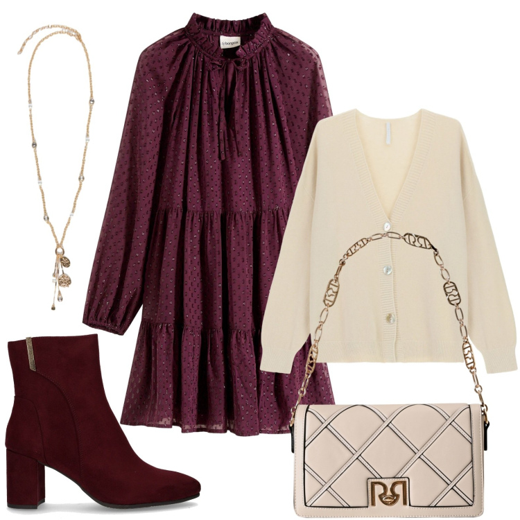 Outfit donna - Intenso bordeaux. Stile Boho per Tutti i giorni. Abbinamento con vestiti, borse a tracolla, cardigans, stivaletti, ciondoli.