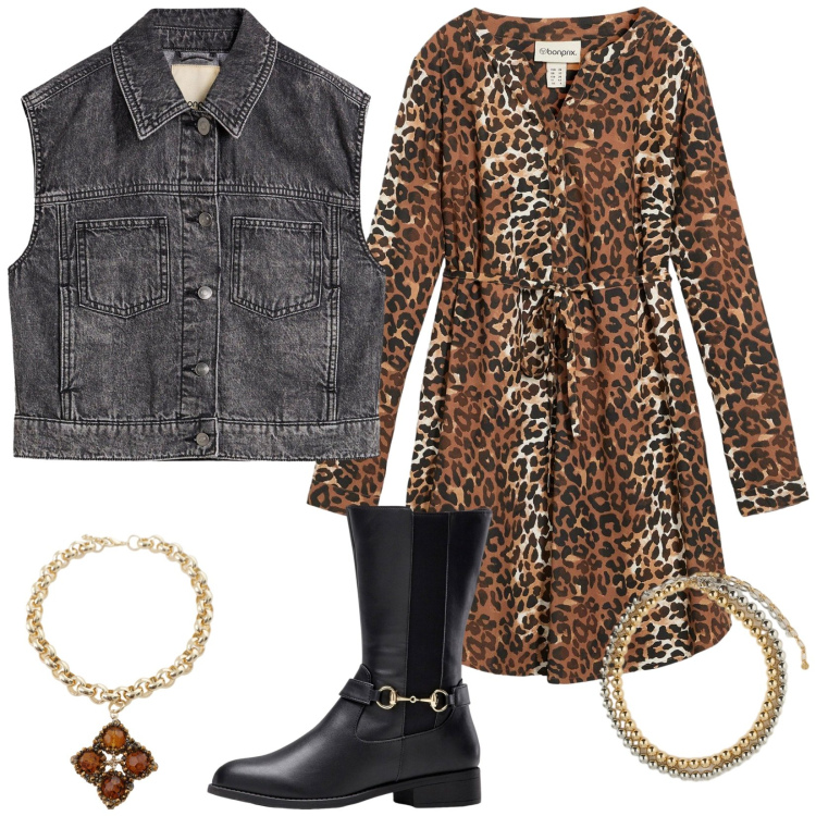 Outfit donna - Luminosa a cena. Stile Glamour per Serata fuori. Abbinamento con vestiti, stivali, gilet, collane, collane.