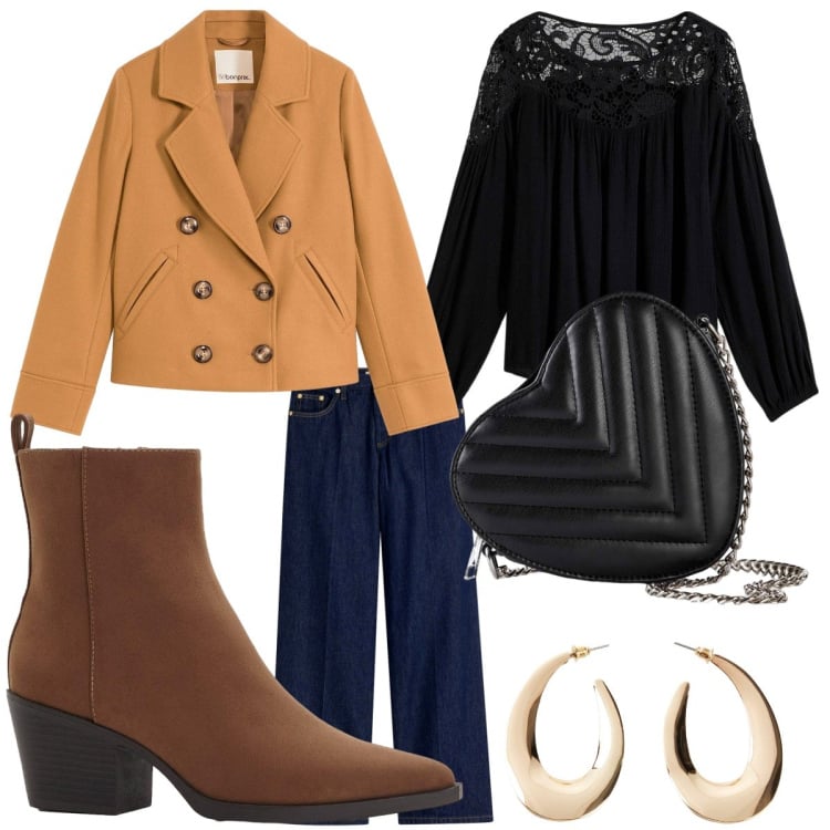 Outfit donna - Total look #2265429. Abbinamento con tuniche, caban, jeans, stivaletti texani, borse a tracolla, orecchini.