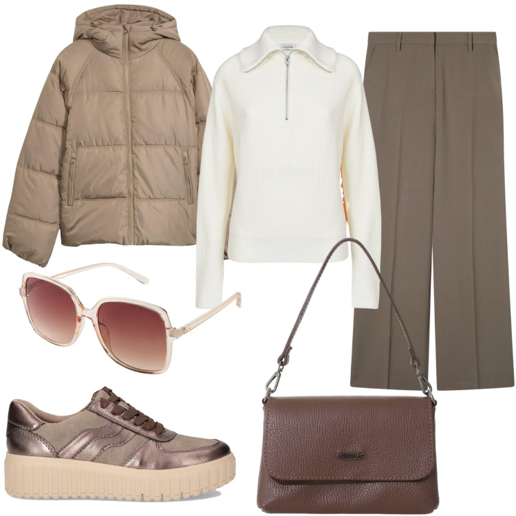 Outfit donna - Maglia e pantaloni. Stile Urban per Tutti i giorni. Abbinamento con giacche, occhiali da sole, pantaloni a palazzo, borse a tracolla, sneakers, maglieria.