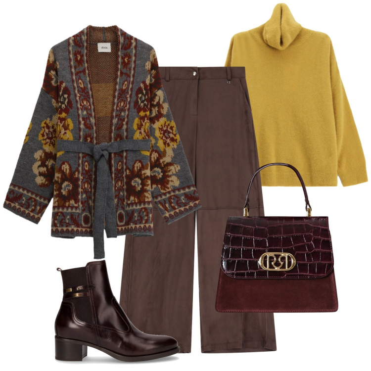 Outfit donna - Serata informale. Stile Casual chic per Serata fuori. Abbinamento con borse a mano, cardigans, pantaloni a palazzo, maglieria, stivaletti.