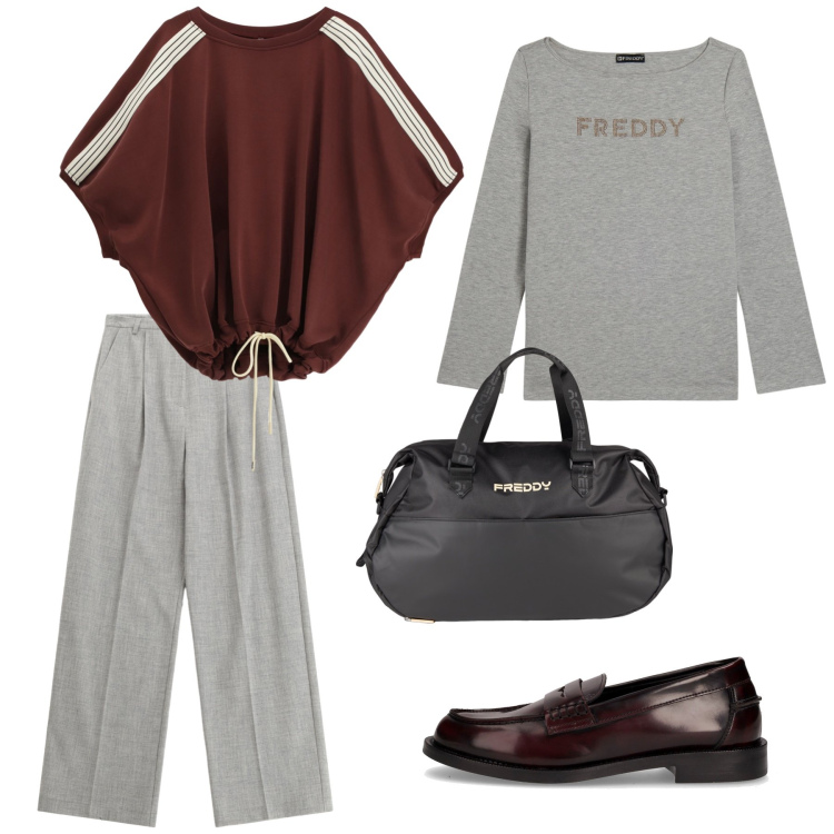 Outfit donna - Total look #2265432. Stile Casual per Tutti i giorni. Abbinamento con pantaloni, bluse, borse sportive, t-shirt, mocassini.