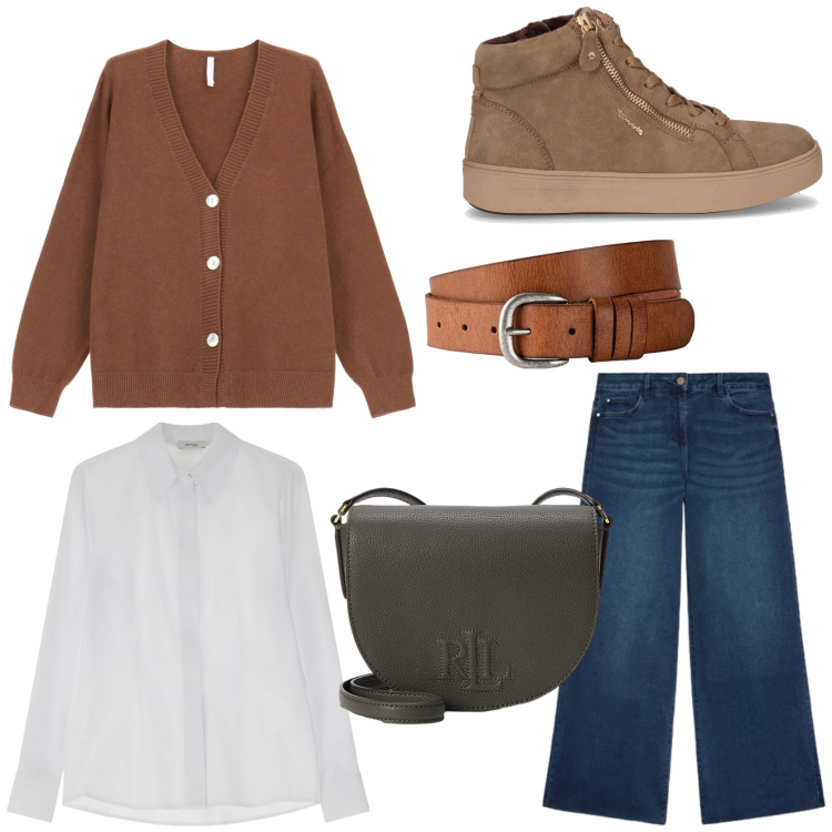 Outfit donna - Il cardigan chic. Stile Casual chic per Tutti i giorni. Abbinamento con cinture, camicie, cardigans, borse a tracolla, jeans, sneakers alte.