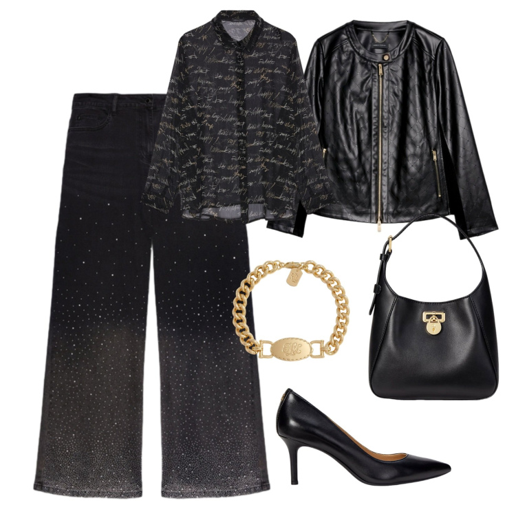 Outfit donna - Total black con punti luce!. Stile Trendy per Serata fuori. Abbinamento con borse a tracolla, braccialetti, décolleté, jeans, camicie, giacche.