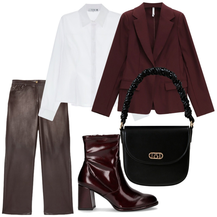 Outfit donna - Burgundy avvolgente. Stile Basic per Ufficio. Abbinamento con camicie, borse a mano, blazer, pantaloni, stivaletti.