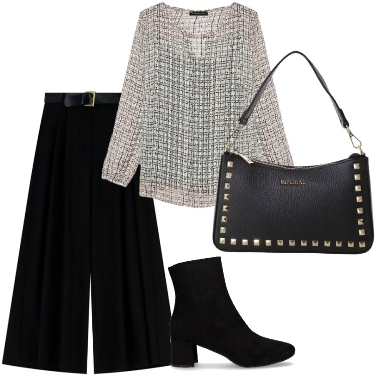 Outfit donna - Lady. Stile Chic per Serata fuori. Abbinamento con pantaloni a palazzo, pochette, bluse, stivaletti.