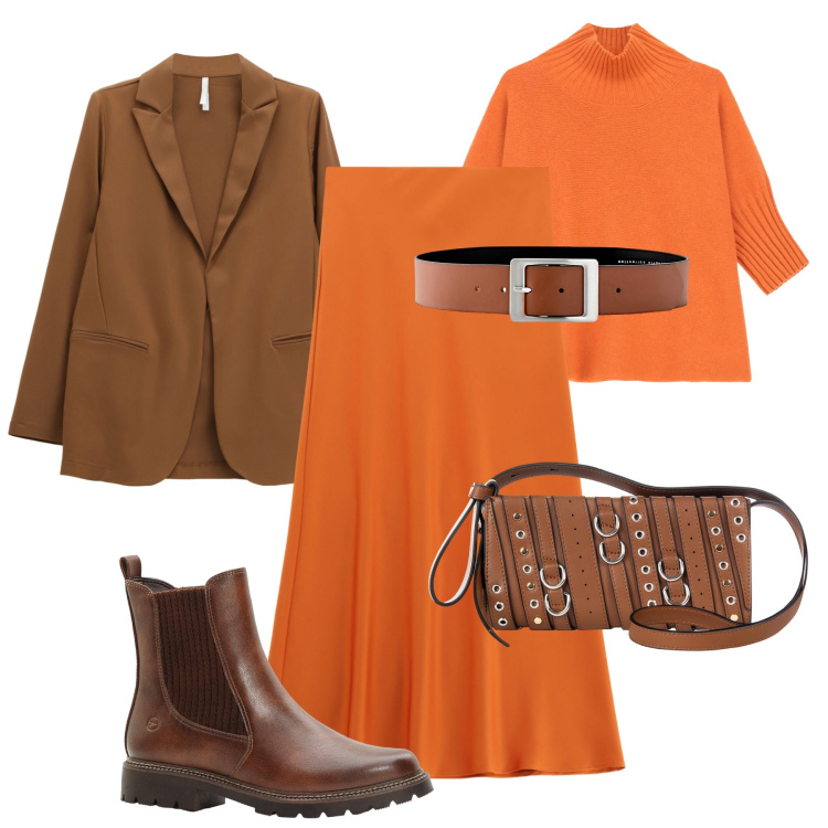 Outfit donna - Arancione mix & match - @susystyle. Stile Trendy per Tutti i giorni. Abbinamento con cinture, stivaletti chelsea, borse a spalla, maglieria, blazer, gonne lunghe.
