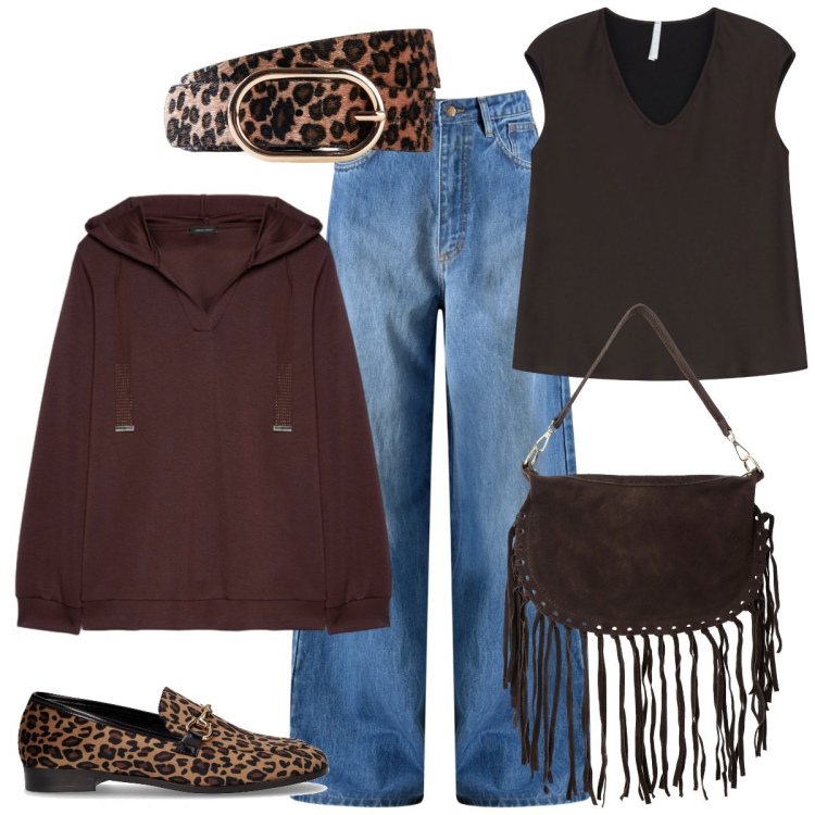 Outfit donna - Un po\' di animalier. Stile Basic per Tutti i giorni. Abbinamento con cinture, jeans, canottiere, borse a tracolla, mocassini, felpe con cappuccio.
