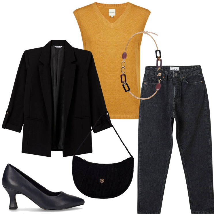 Outfit donna - Total look #2265444. Stile Casual chic per Ufficio. Abbinamento con blazer, jeans mom, borse a mano, maglieria, décolleté, collane.