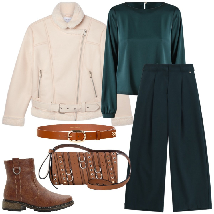 Outfit donna - Total look #2265445. Stile Casual per Tutti i giorni. Abbinamento con stivaletti, bomber, pantaloni a palazzo, cinture, borse a spalla, bluse.