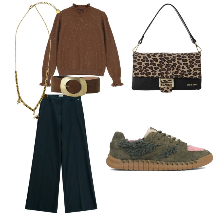 Outfit donna - Total look #2265446. Stile Casual chic Abbinamento con borse a spalla, ciondoli, maglieria, cinture, pantaloni a palazzo, sneakers.