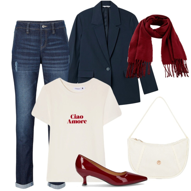 Outfit donna - Rosso, Bianco, Blu – Icona Street. Stile Basic per Tutti i giorni. Abbinamento con jeans boyfriend, sciarpe, blazer, t-shirt, borse a mano, décolleté.