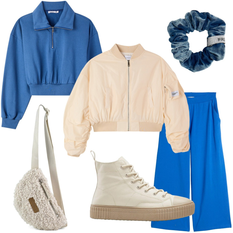 Outfit donna - Sport-luxury. Stile Sporty chic per Tutti i giorni. Abbinamento con pantaloni, sneakers alte, bomber, felpe, accessori per capelli, marsupi.
