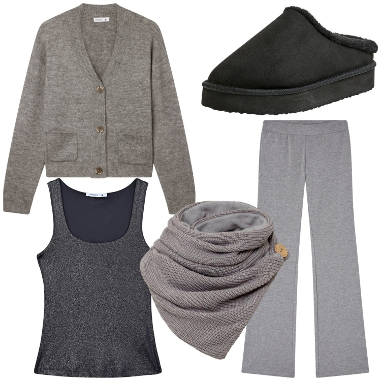 Outfit donna - Weekend rilassante in casa. Stile Basic per Tutti i giorni. Abbinamento con foulard, cardigans, leggings, sabot, top.